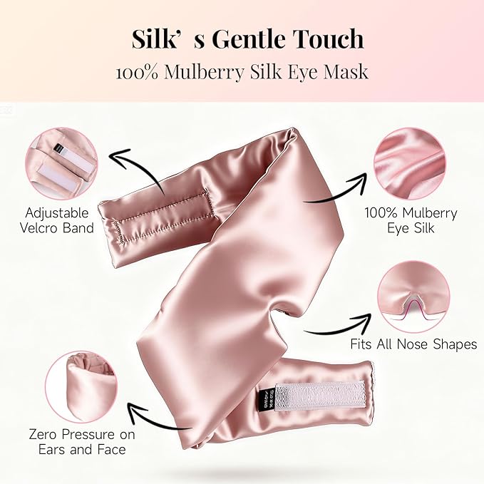 Mulberry Silk Sleep Mask for Men & Women - 100% Light Blocking Blackout Eye Mask for Side Sleepers, Adjustable Fit for All Heads, Soft Zero Pressure Comfort, Unisex Travel Eye Cover(Pink)