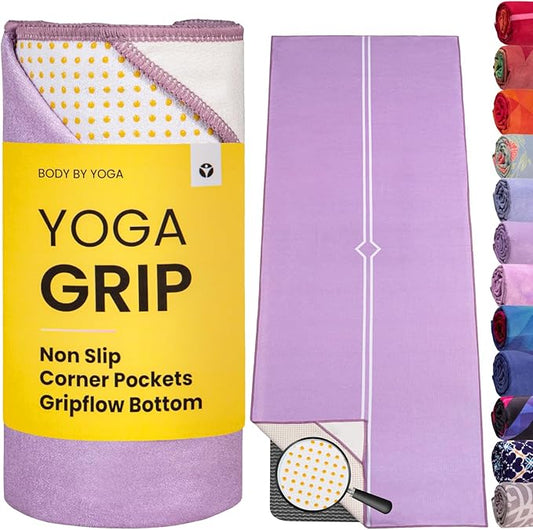 Yoga Grip Yoga Towel - Non Slip Hot Yoga Mat Towel With Corner Pockets, No-Skid Grip, and Built-in Alignment Lines | Soft, Moisture Wicking, and Sweat Absorbent | No Bunching, Stays in Place 72" x 25"