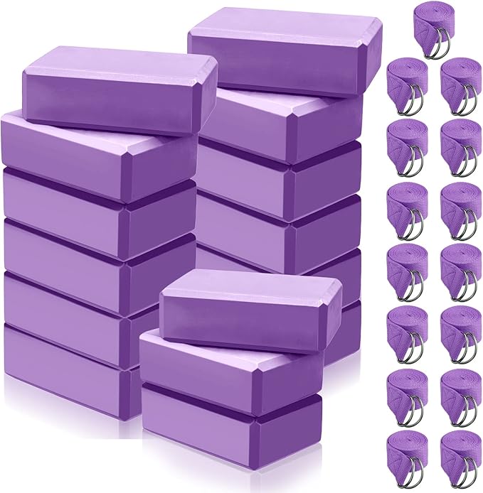 Wettarn 30 Pack Yoga Block and Strap Set 15 Pcs Non-Slip Yoga Blocks with 15 Pcs Metal D Ring Stretching Exercise Workout Fitness Accessory for Gym