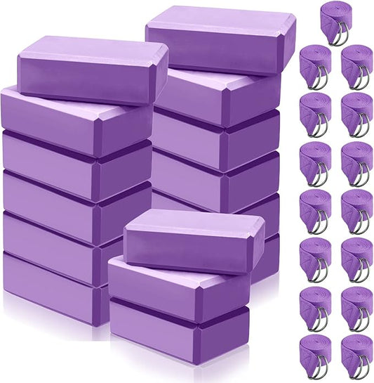 Wettarn 30 Pack Yoga Block and Strap Set 15 Pcs Non-Slip Yoga Blocks with 15 Pcs Metal D Ring Stretching Exercise Workout Fitness Accessory for Gym