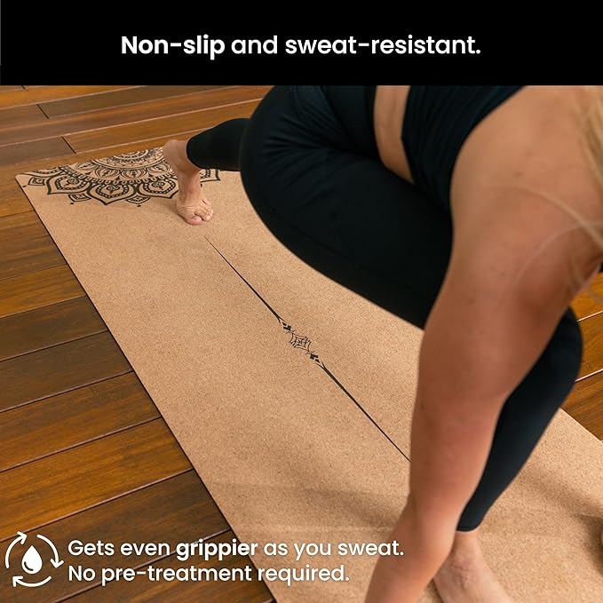 Luxury Cork Yoga Mat - Non Slip, Extra Thick Grip. Thicker, Longer, and Wider for More Comfort and Support. Tough Enough For Hot Yoga. Natural, Non Toxic, and Eco Friendly. Optional Alignment Lines.