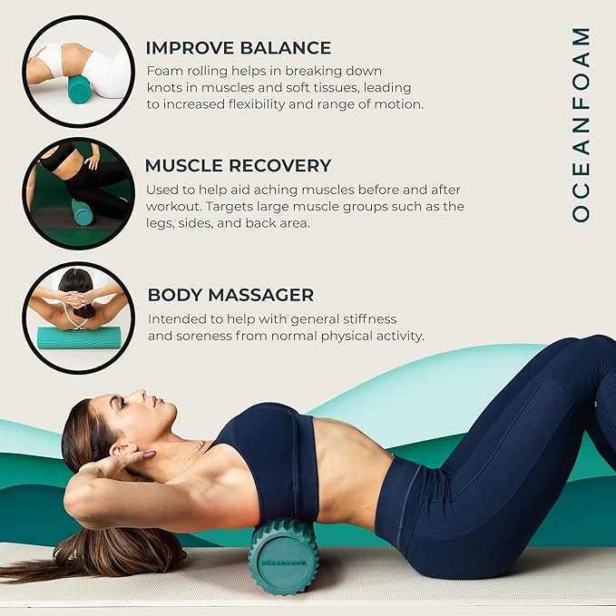Oceanfoam Tidal Roller - Jade - Muscle Massage Foam Roller for Back Pain & Stretching - Firm and Ergonomic Wide Wave Textured - Yoga, Athletics, & Wellness - Full Size, 20" x 5"