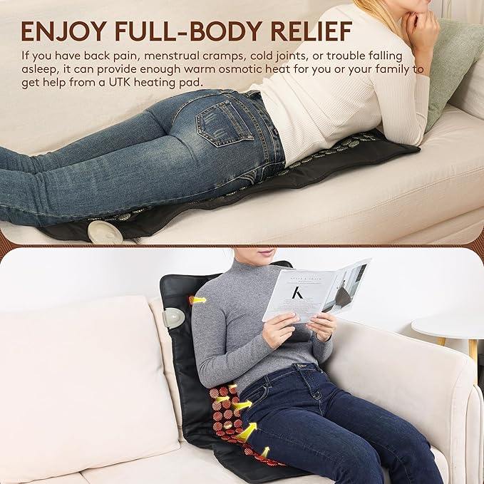 UTK Far Infrared Heating Pad for Back, 5X Deeper Pain Relief for Full Back, Thigh, Hip, Muscle, Hotter to 159℉, Weighted Electric Mat with Jade Tourmaline Stones, 21" x 38" Extra-Large Size