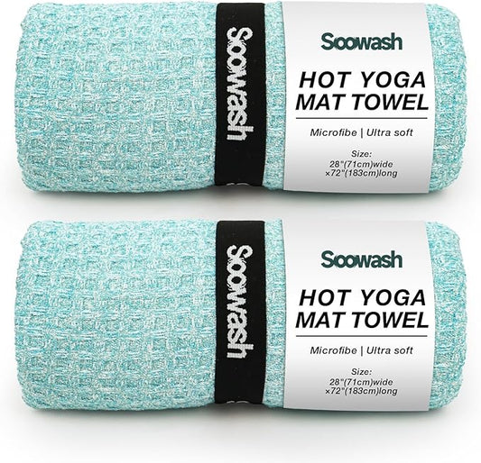 2 Pack Hot Yoga Towel, Yoga Mat Towels Non Slip for Hot Yoga with Strap, Microfiber Yoga Accessories, Soft Absorbent Quick Dry, Pilates Exercise Fitness 28" X 72" Blue Green