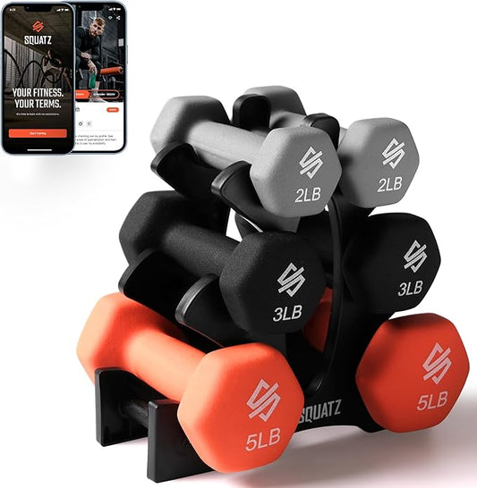 SQUATZ Dumbbell Weights Set with Stand, 32/20 Lbs Neoprene Coated Weights in Color Gray, Black, and Orange, Hex Shape Anti Slip and Roll Dumbbells for Exercise,Training, Fitness, Yoga for Men & Women