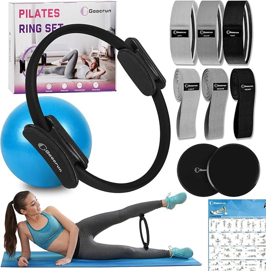 Pilates Ring Set with Resistance Bands Set, Pilates Ball, Sliding Disks – Workout Equipment Home Gym Includes Complete Fitness Poster