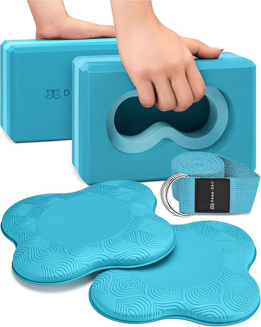 Deep-Zen® Yoga Blocks Wrist Support; Yoga Blocks 2 Pack with Knee Pads and Strap to Put Less Weight on Wrists; Durable, Versatile Yoga Brick Exercise Block Set, Blocks Yoga