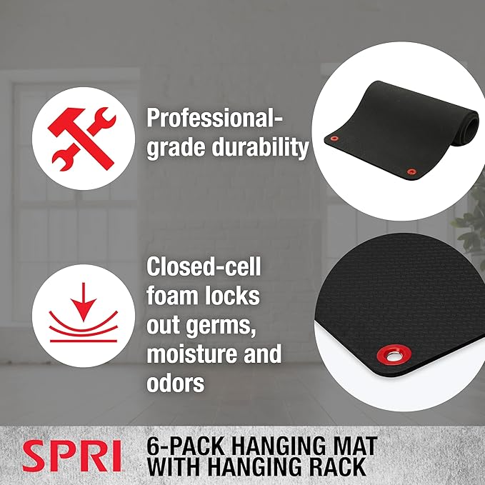 SPRI Hanging Bulk Fitness Mats + Rack, 15mm, 56” x 23" Black, 6 Pack, Closed-Cell Foam Bulk Yoga Mats for Gyms, Dance Studios, Ballet, Low-Impact Training & Commercial Spaces, Reinforced Grommets
