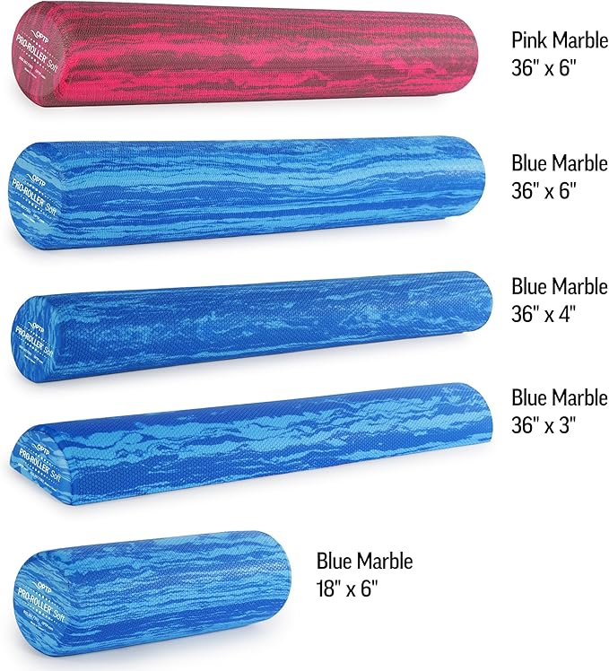 OPTP PRO-Roller Soft Density Foam Roller – Low Density Soft Foam Roller for Physical Therapy, Pilates, Yoga Foam Roll Exercises, and Muscle Recovery - Blue 36" x 4"