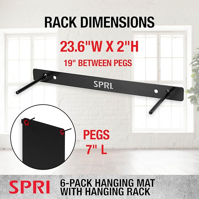 SPRI Hanging Bulk Fitness Mats + Rack, 15mm, 56” x 23" Black, 6 Pack, Closed-Cell Foam Bulk Yoga Mats for Gyms, Dance Studios, Ballet, Low-Impact Training & Commercial Spaces, Reinforced Grommets