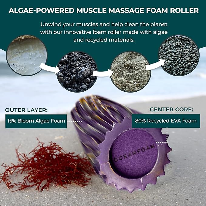 Oceanfoam Ripple Travel Foam Roller (11" x 3.35") Firm Mini Foam Roller for Physical Therapy, Deep Tissue Massage, Back Pain - High Density, Wave Textured - Yoga (Purple, Gold & Natural Marbled)