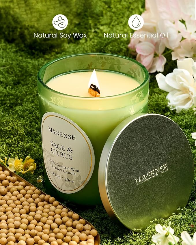 M&SENSE Sage Citrus Scented Candle, Cracking Wooden Wick Soy Wax, 18oz 100 Hours Long Lasting Clean Burn, Large Jar Candles for Home Decor, Non-Toxic Relaxing Aromatherapy Gifts for Women