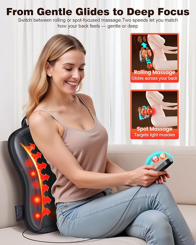 Shiatsu Back Massager with Heat : Up and Down Rolling Massage - Electric Back Massager for Pain Relief Deep Tissue - Heated Lower Back Massager for Office, Homer Use