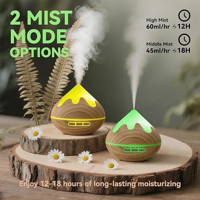 500ML Essential Oil Diffuser, Aromatherapy Diffuser with Remote Control, Multifunctional Air Diffusers for Home Office Room, Fragrance Aroma Diffuser with 7 Color LED & 2 Mist Mode, Brown