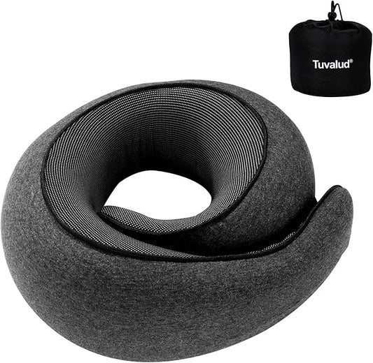 Travel Neck Pillows for Airplanes Memory Foam with Cotton Fabric - Customizable Tightness, Easy to Carry & Machine Washable Cover (Gray)