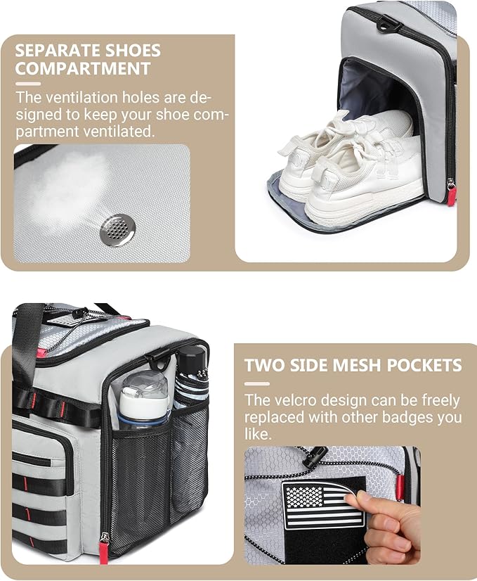 MCBD Gym Bags for Men & Women, 45L Travel Duffle Sports Backpack with Shoes & Laptop Compartment, Large Workout Carry On Bag Weekender Overnight Tote, Grey