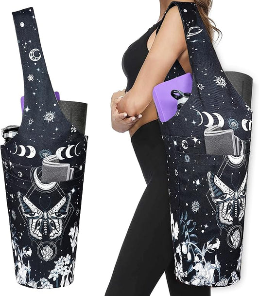 Fashion Printed Yoga Mat Bag with Large Side Pocket & Zipper Pocket Long Tote Yoga Bag Fit Most Size Mats - Holds More Yoga Accessories