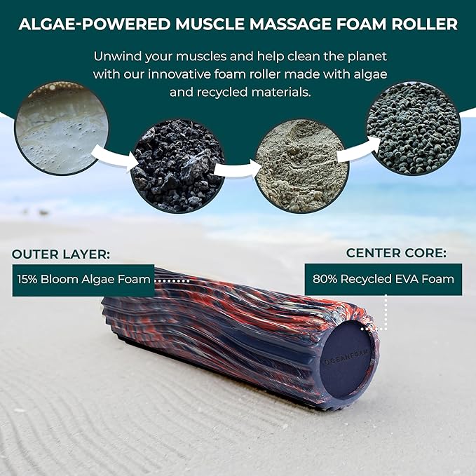Oceanfoam Tidal Roller - Red, Dark Navy & Natural Marbled - Muscle Massage Foam Roller for Back Pain & Stretching - Firm & Ergonomic Wide Wave Textured - Yoga, Athletics, Wellness - Full Size 20" x 5"