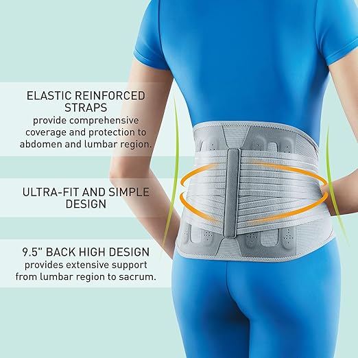 OPPO 2366 High Lumbar Support Back Brace with Flexible Stays - Lower Back Pain Relief, Sciatica Pain Relief, Scoliosis, Herniated Disc - for Elderly and Office Worker (Gray, Medium, 1-Pack)