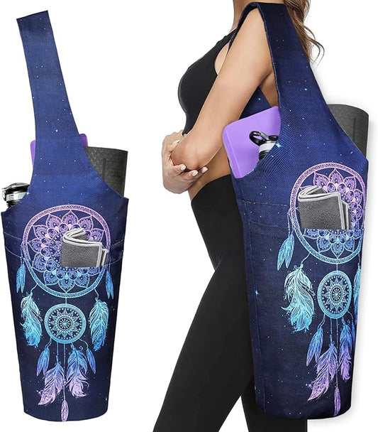 Fashion Printed Yoga Mat Bag with Large Side Pocket & Zipper Pocket Long Tote Yoga Bag Fit Most Size Mats - Holds More Yoga Accessories