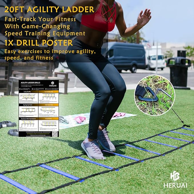 Agility Ladder Speed Training Equipment Set, 20ft Speed Ladder, 4 Hurdles, 10 Speed Cones, Running Parachute, Football Basketball Soccer Training Equipment for Kids Youth Adults - Enhance Speed