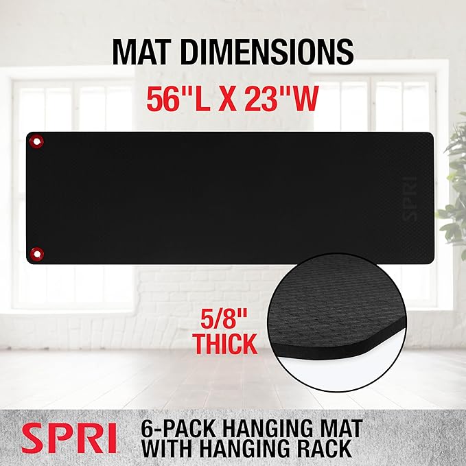 SPRI Hanging Bulk Fitness Mats + Rack, 15mm, 56” x 23" Black, 6 Pack, Closed-Cell Foam Bulk Yoga Mats for Gyms, Dance Studios, Ballet, Low-Impact Training & Commercial Spaces, Reinforced Grommets