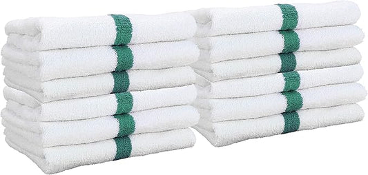 Arkwright White Hand Gym Towels - Pack of 12 - Bulk 100% Cotton Soft Quick Dry Sweat Absorbent Hotel Quality Towels for Workout, Bathroom, Spa, Pool, 16 x 27 in, Green
