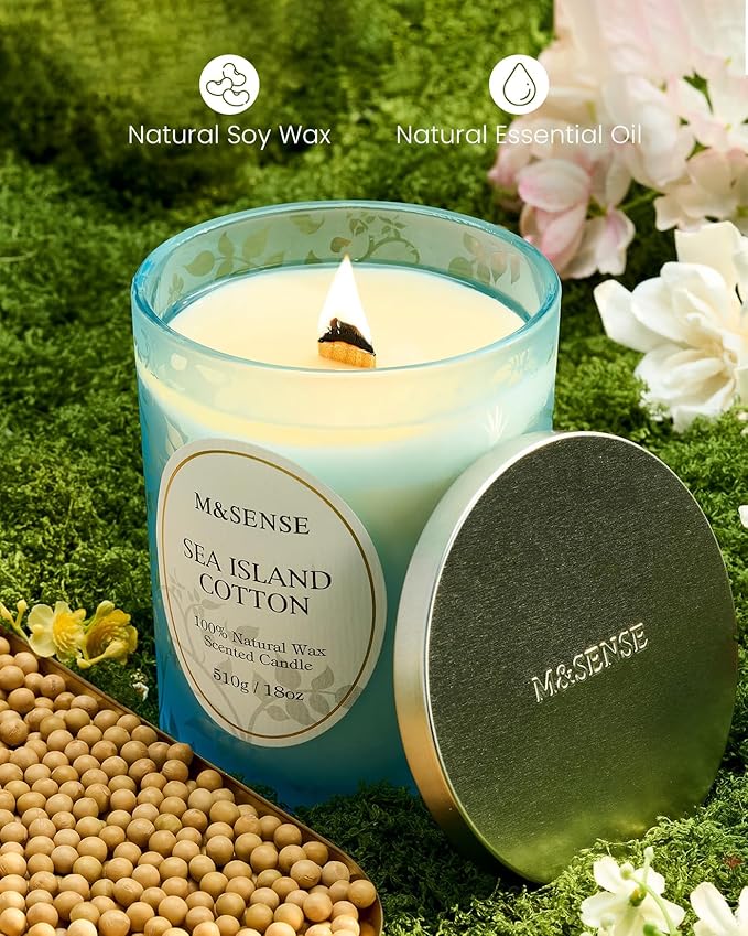 M&SENSE Sea & Cotton Scented Candle, Cracking Wooden Wick Soy Wax, 18oz 100 Hours Long Lasting Clean Burn, Large Summer Candles for Home Decor, Non-Toxic Relaxing Aromatherapy Gifts for Women