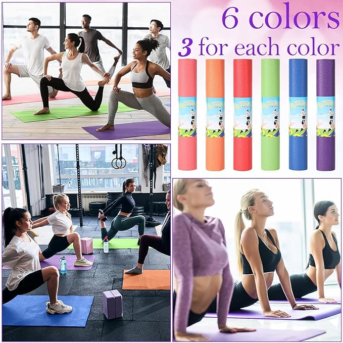 Wettarn 18 Pieces Yoga Mats Bulk Non Slip Exercise Fitness Workout Mats for Women Men Home Workout Gym Floor Exercising, 6 Colors, 68 x 24 x 0.12 Inches
