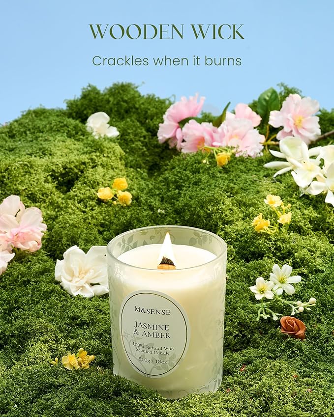 M&SENSE Jasmine Amber Candle, Cracking Wooden Wick Soy Wax, 18oz 100 Hours Long Lasting Clean Burn, Large Jar Candles for Home Scented, Non-Toxic Relaxing Aromatherapy Gifts for Women