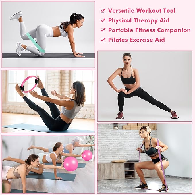 Pilates Ring Set with Resistance Bands Set, Pilates Ball, Sliding Disks – Workout Equipment Home Gym Includes Complete Fitness Poster