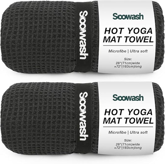 2 Pack Hot Yoga Towel, Yoga Mat Towels Non Slip for Hot Yoga with Strap, Microfiber Yoga Accessories, Soft Absorbent Quick Dry, Pilates Exercise Fitness 28" X 72"Black