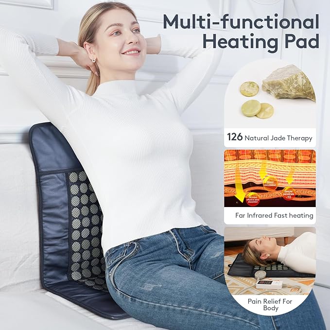UTK Far Infrared Heating Pad for Back, 5X Deeper Pain Relief, 126 Natural Pure Jade Heating Pad, FSA-HSA Eligible, Gift for Women Men, Hotter to 159℉, 16 Timers Auto-Off, Memory Function, 31"x 21"