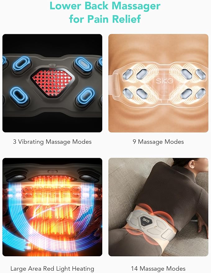 SKG Lower Back Massager Gifts for Men Women for Pain Relief, Adjustable Cordless Heating Pad Infrared Vibrating Back Massager Waist Lumbar Belt
