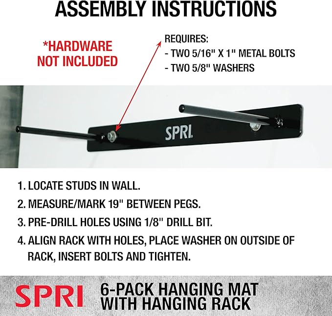 SPRI Hanging Bulk Fitness Mats + Rack, 15mm, 56” x 23" Black, 6 Pack, Closed-Cell Foam Bulk Yoga Mats for Gyms, Dance Studios, Ballet, Low-Impact Training & Commercial Spaces, Reinforced Grommets