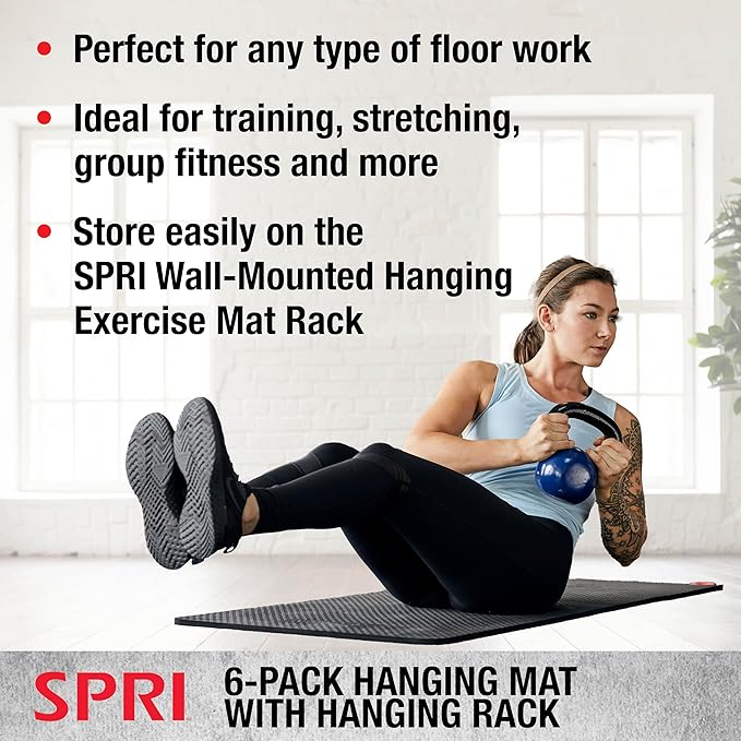 SPRI Hanging Bulk Fitness Mats + Rack, 15mm, 56” x 23" Black, 6 Pack, Closed-Cell Foam Bulk Yoga Mats for Gyms, Dance Studios, Ballet, Low-Impact Training & Commercial Spaces, Reinforced Grommets