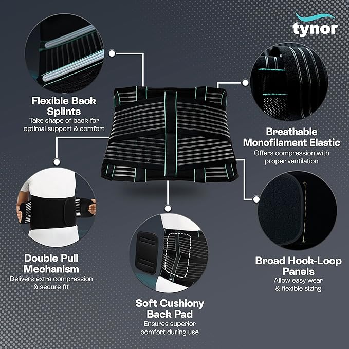 TYNOR Back Support Belt, Back Brace for Lower Back Pain,Breathable Lumbar Support Belt for Men & Women, Herniated Disc, Scoliosis & Lifting, Adjustable Straps with Lumbar Pad (Medium, Premium Black)