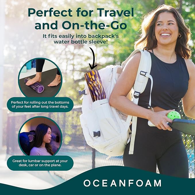 Oceanfoam Ripple Travel Foam Roller (11" x 3.35") Firm Mini Foam Roller for Physical Therapy, Deep Tissue Massage, Back Pain - High Density, Wave Textured - Yoga (Purple, Gold & Natural Marbled)