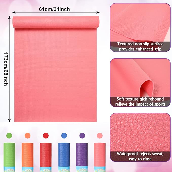 Wettarn 18 Pieces Yoga Mats Bulk Non Slip Exercise Fitness Workout Mats for Women Men Home Workout Gym Floor Exercising, 6 Colors, 68 x 24 x 0.12 Inches