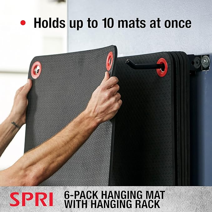 SPRI Hanging Bulk Fitness Mats + Rack, 15mm, 56” x 23" Black, 6 Pack, Closed-Cell Foam Bulk Yoga Mats for Gyms, Dance Studios, Ballet, Low-Impact Training & Commercial Spaces, Reinforced Grommets