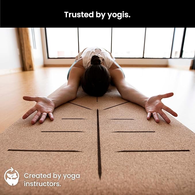 Luxury Cork Yoga Mat - Non Slip, Extra Thick Grip. Thicker, Longer, and Wider for More Comfort and Support. Tough Enough For Hot Yoga. Natural, Non Toxic, and Eco Friendly. Optional Alignment Lines.