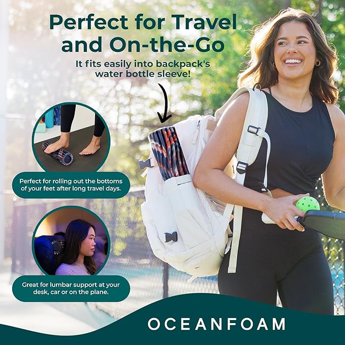 Oceanfoam Ripple Travel Foam Roller (11" x 3.35") Firm Mini Foam Roller for Physical Therapy, Deep Tissue Massage, Back Pain - High Density, Wave Textured - Yoga (Red, Dark Navy & Natural Marbled)