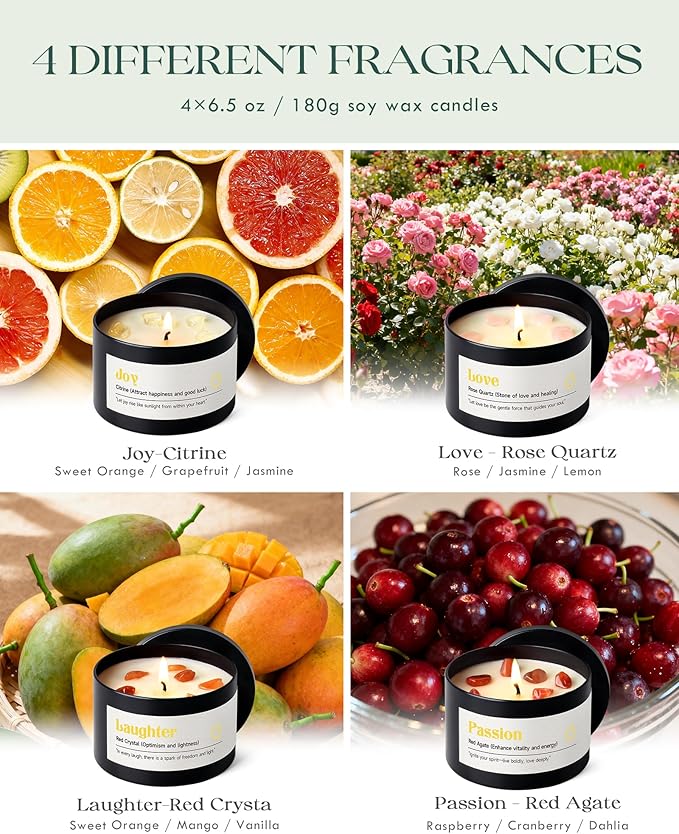 AOOVOO Crystal Energy Candles Set for Women - 4 Pack 26 oz Soy Wax Candles for Home Scented, 200 Hour Long Lasting Candle, Laughter Ruby Quartz/Love Rose Quartz/Joy Citrine/Passion Carnelian
