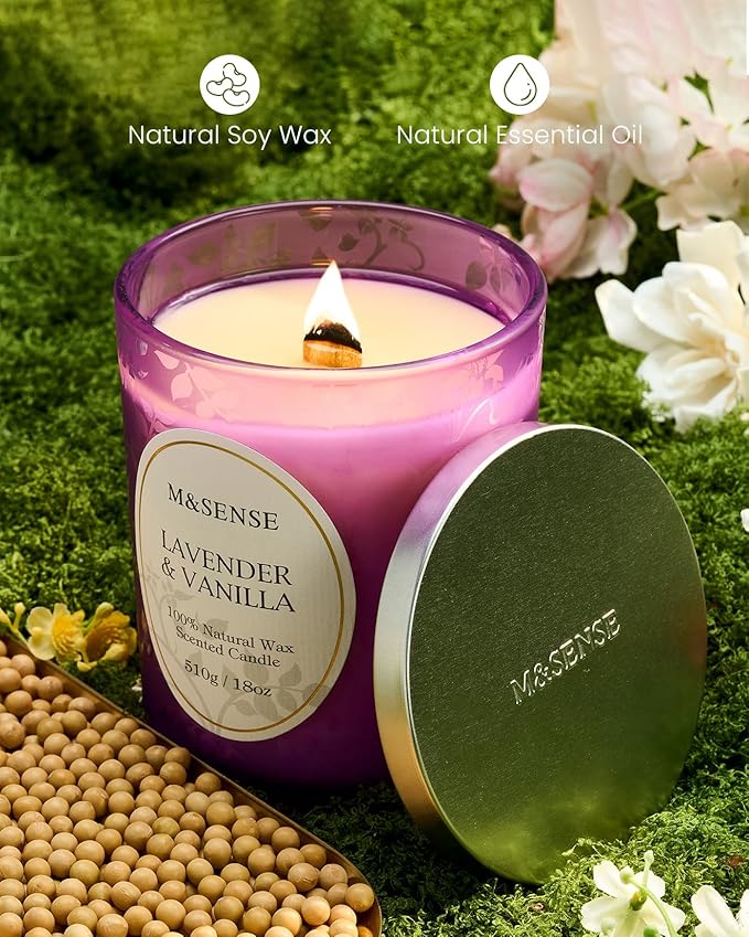 M&SENSE Lavender Vanilla Scented Candle, Cracking Wooden Wick Soy Wax, 18oz 100 Hours Long Lasting Clean Burn, Large Jar Candles for Home Decor, Non-Toxic Relaxing Aromatherapy Gifts for Women