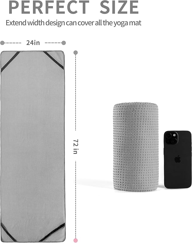 Microfiber Hot Yoga Towel Mat, 24 x 72 inches, with Non-Slip Silicone Grip, Secure Fit Elastic Straps (Gray)