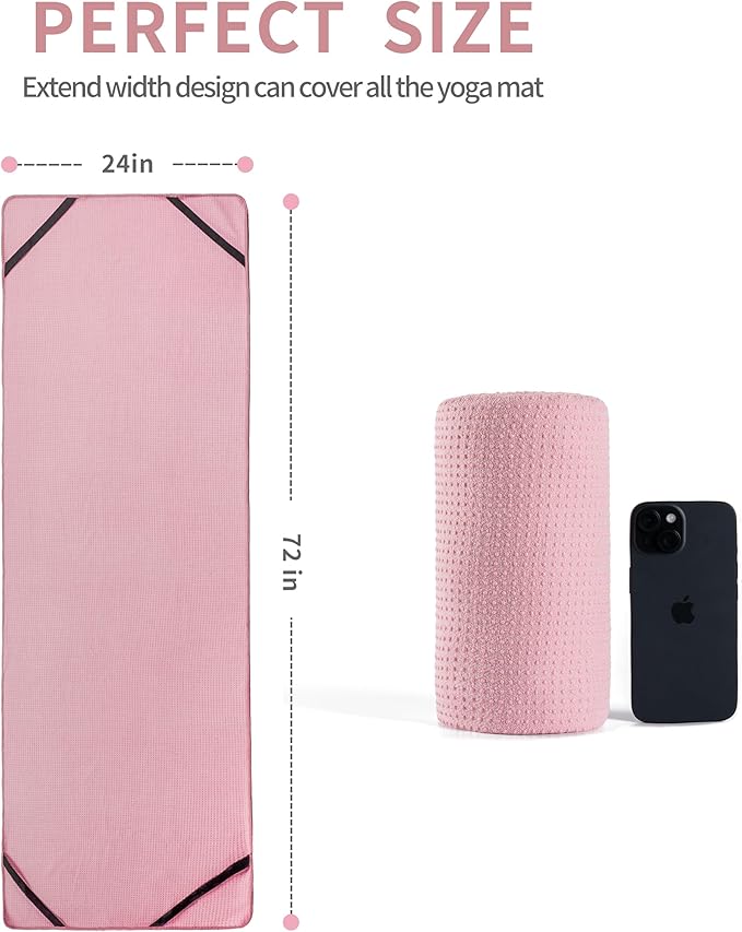 New Microfiber Hot Yoga Towel Mat, 24 x 72 inches, with Non-Slip Silicone Grip, Secure Fit Elastic Straps