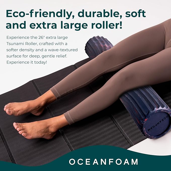 Oceanfoam Tsunami Roller (Dark Navy, Red & Natural Marbled) - Soft, Textured Foam Roller for Physical Therapy, Back Pain, Yoga, Exercise & Stretching - Wave Textured - Extra-Large 26" x 5.9"
