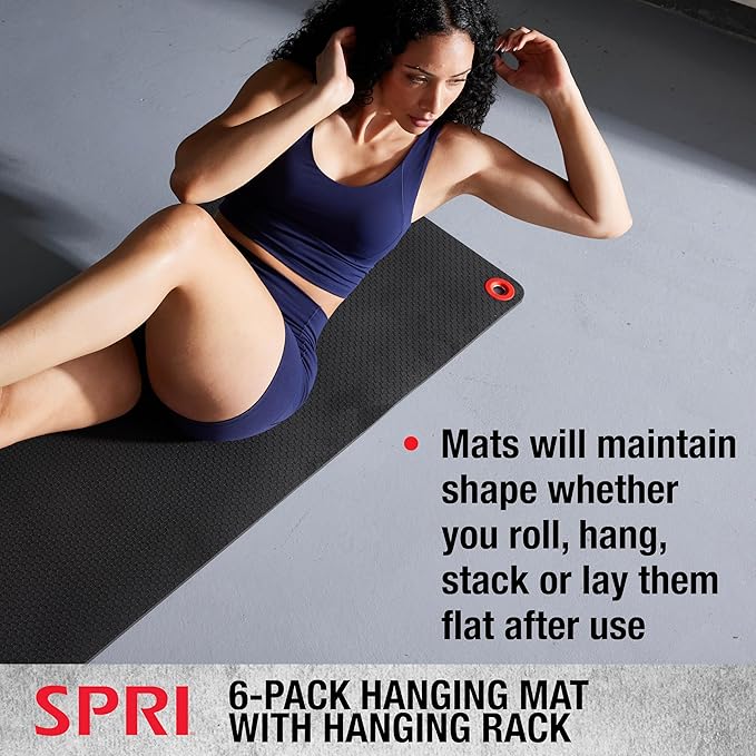 SPRI Hanging Bulk Fitness Mats + Rack, 15mm, 56” x 23" Black, 6 Pack, Closed-Cell Foam Bulk Yoga Mats for Gyms, Dance Studios, Ballet, Low-Impact Training & Commercial Spaces, Reinforced Grommets