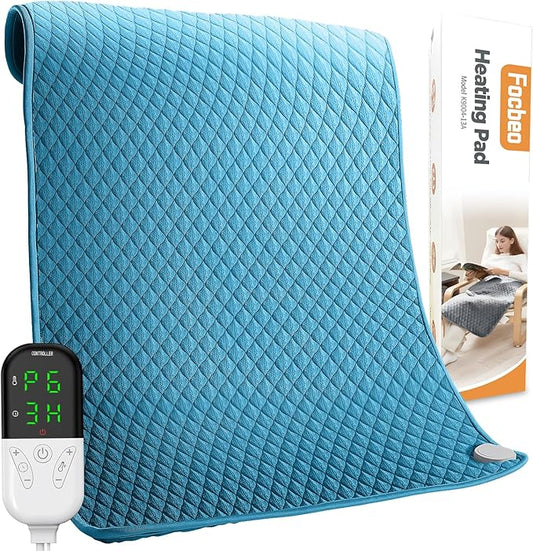 King Size Heating Pad for Back Pain 32"x24" Extra Large Electric Heating Pad for Period Cramps Relief & Body Neck Shoulder Auto Shut Off Heat Pad Temperature Settings Machine Washable Blue